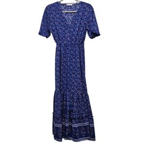 R Vivimos Blue Floral Maxi Dress Peasant Cottagecore Smocked Waist Tassel L